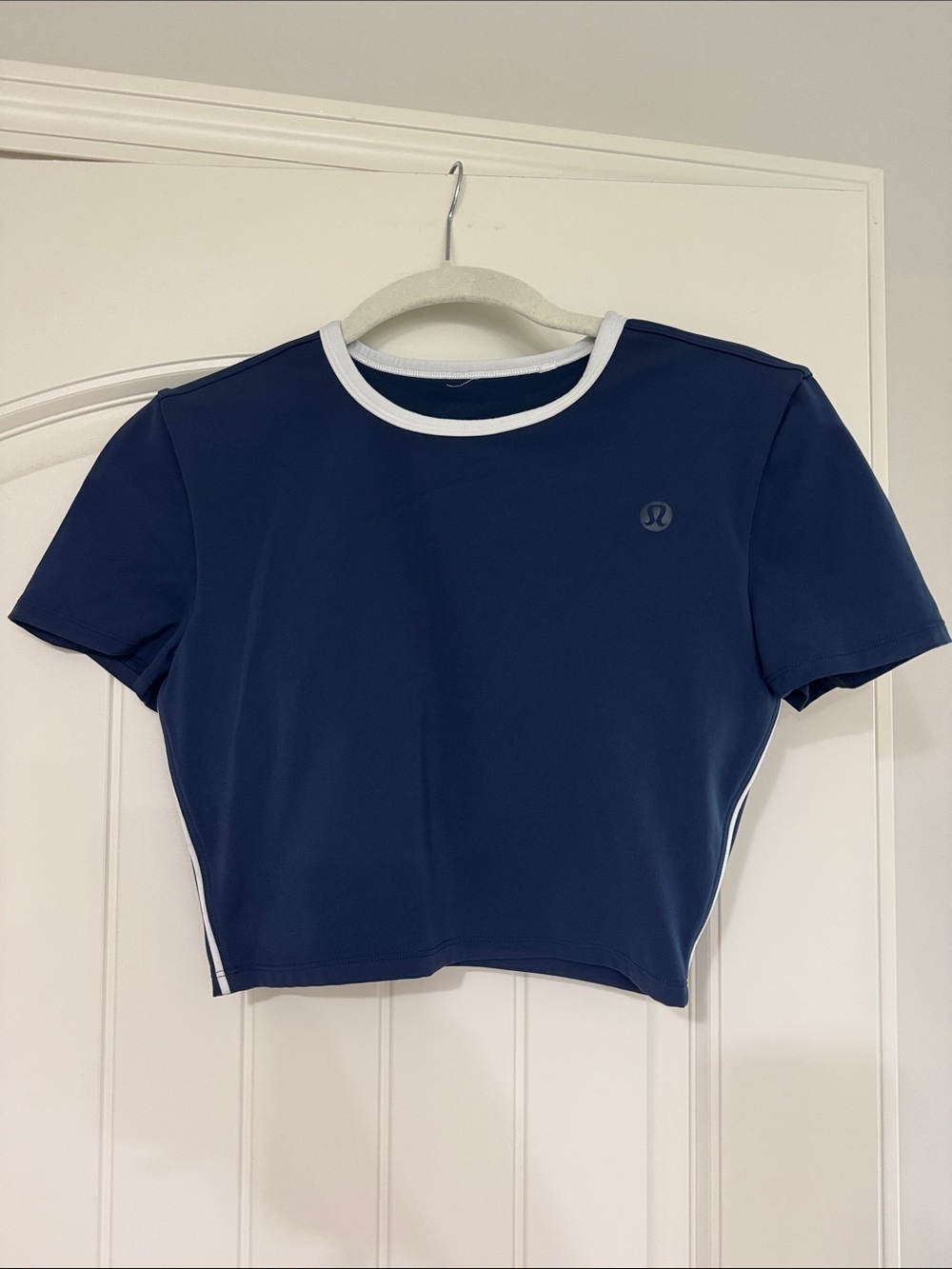 lululemon athletica Navy Cropped Crew Tee with White Trim